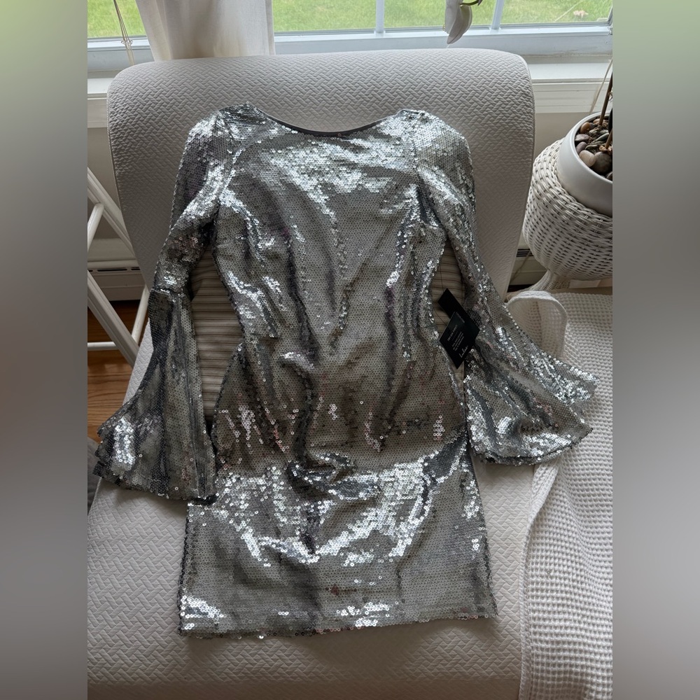 Lulu's Silver Sequined Vegas Dress with Bell Sleeves. New with Tags.